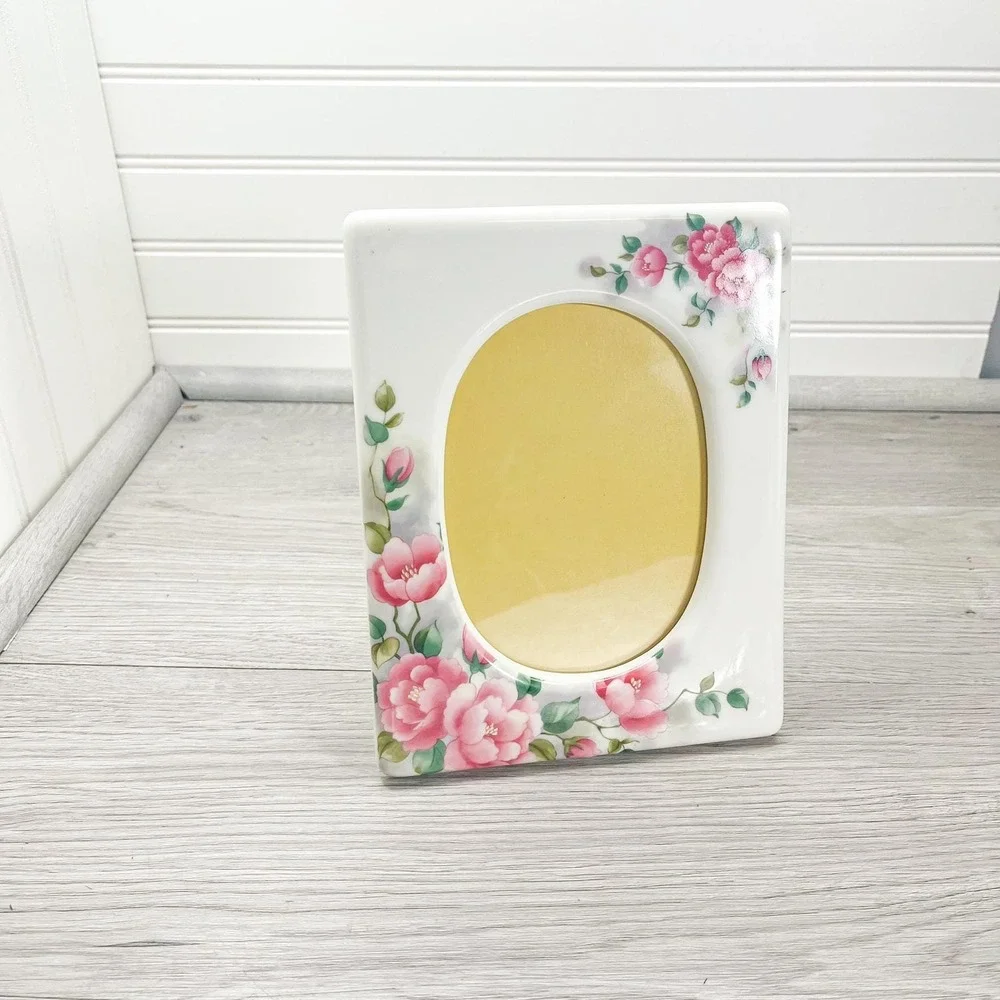 Vintage White Ceramic Picture Frame:‎ Pink Floral Cottagecore Decor